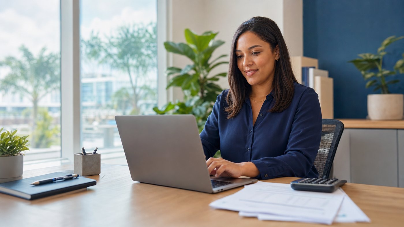 Empresaria dominicana gestionando su negocio desde una laptop